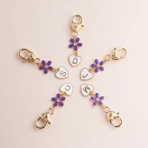 Cute Purple Flower Personalised Initial Letter Heart Charm Keychain Keyring Gift - Picture 1 of 27
