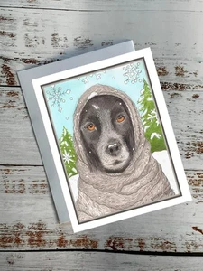 Winter black dog wearing a gray sweater, whimsical expression, pup ,  #1038 - Picture 1 of 1