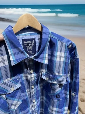 Camisa Akademiks Azul A Cuadros Cuello Abotonado L/S Bolsillos Hombres Talla 4XLarge Foto 1 de 4