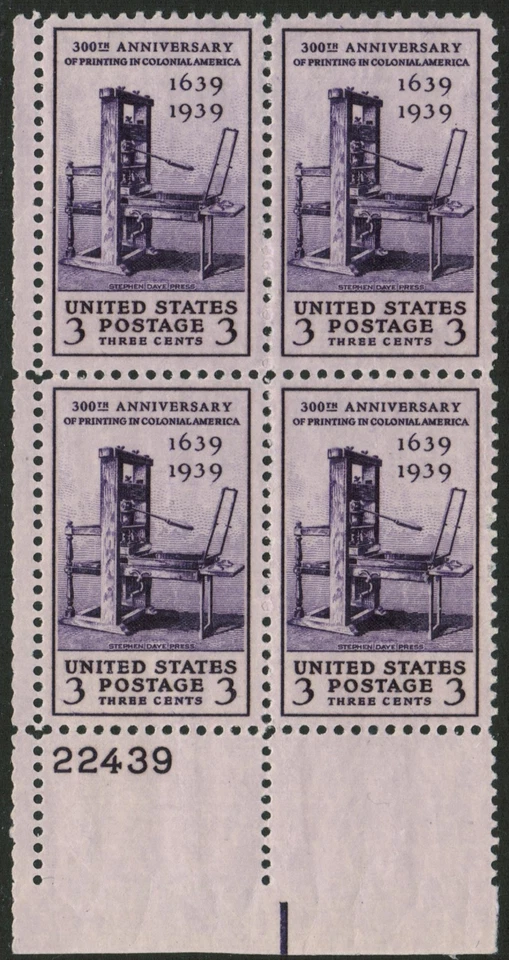US USA Sc# 857 MNH FVF PLATE # BLOCK Printing 300th Stephen Daye Press - Image 1 of 1