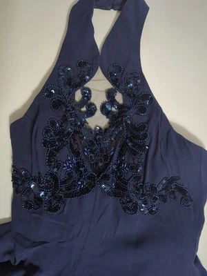 Vestido de cóctel vintage de seda Niteline Della Roufogali azul lentejuelas talla 6 halter  Foto 1 de 4