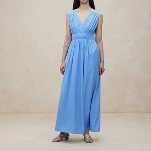 NWT Banana Republic Blue Sleeveless Maxi Dress VNeck Empire Waist Cascade Silk M - Picture 1 of 16