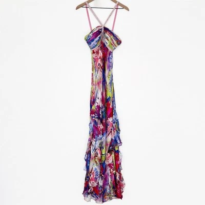 Vtg Cache Dress Womens 6 Floral Floor Length Gown Silk Chiffon Remnants FLAWED - Image 1 of 4