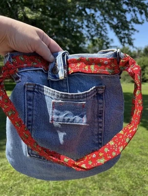 Handmade Vintage Denim Shoulder Purse Bag - Made With Jeans Red Fabric Detail - Image 1 of 3