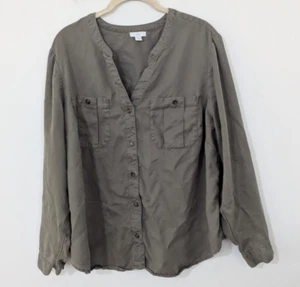 J. Jill Overdyed Button-Front Camp Shirt Button Pockets Roll Tab Navy Green XL - Bild 1 von 9