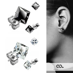 Zirconia Earrings 925 Sterling Silver Square Women's Men's Earrings Black Clear - Picture 1 of 3
