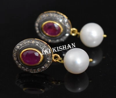 Ruby Pearl Gemstone Pave Diamond 925 Sterling Silver July Birth Dangle Earring - Image 1 of 4