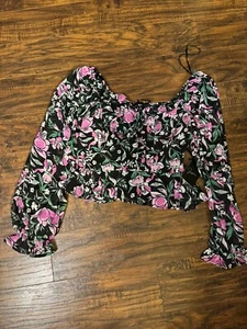 Neu mit Etikett Japna Puffärmel geraffte Blumen Bluse Bauer, lange Glockenärmel Gr: L - Bild 1 von 5