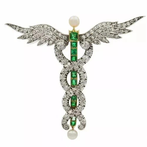 Victorian 6.3 Carat Cubic Zirconia, Emerald & Pearl Fashion Caduceus Brooch Pin - Image 1 of 4
