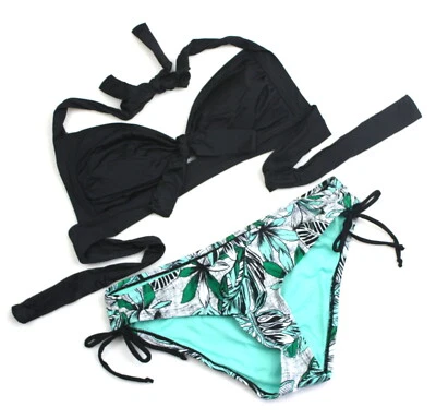 Mossimo S Negro Verde Floral Corbata Acanalada Halter 2 piezas Sin Alambre Bikini Traje de Baño Usado en Excelente Condición Foto 1 de 3