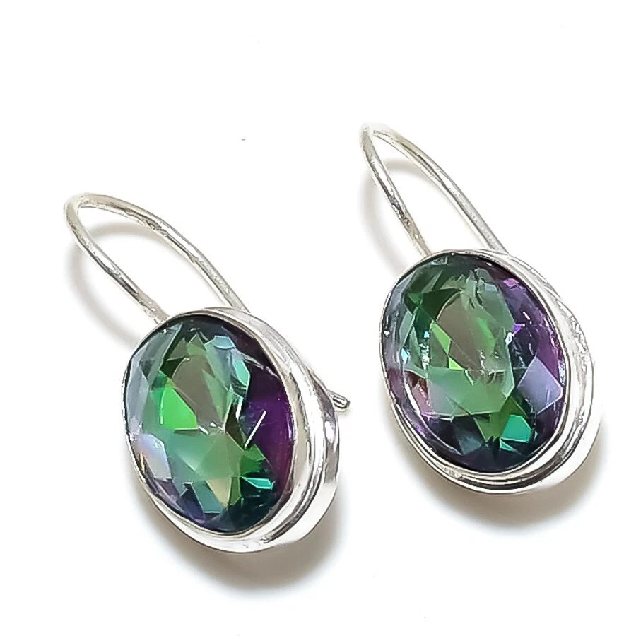 Mystic Topaz Gemstone Handmade 925 Sterling Silver Jewelry Earrings Sz 1.20" - Image 1 of 1