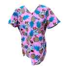 Disney Scrubs Shirt Top Minnie Mouse Sz Large Pockets Pink Sunglasses Pineapple