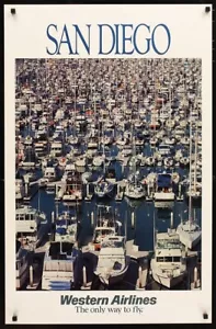 Vintage 1980 San Diego Western Airlines Reise Poster Boote im Hafen Modernist - Bild 1 von 1