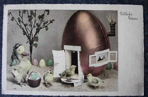 AK FRÖHLICHE OSTERN, Ente, Küken, Pappei als Haus, 1939 - Bild 1 von 2