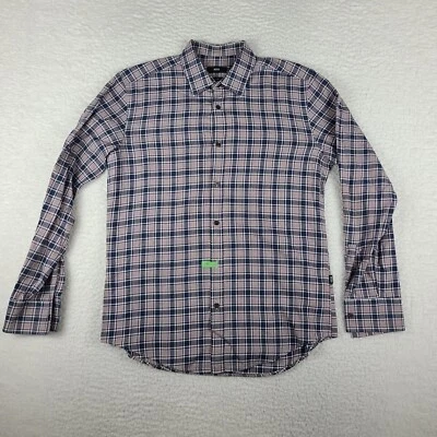 Camisa de vestir Hugo Boss para hombre grande azul púrpura marrón a cuadros calce ajustado con botones Foto 1 de 4