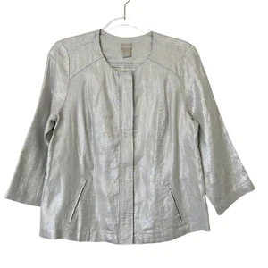 NEW Chicos Linen Zip Jacket Womens Size 1 US 8 10 Silver Shimmer Metallic - Picture 1 of 11