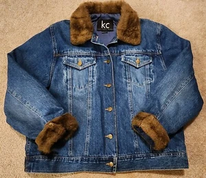 KC Collections XL Jean Jacket Faux Fur Blue Denim Lined Womens 4 Pockets - Picture 1 of 9