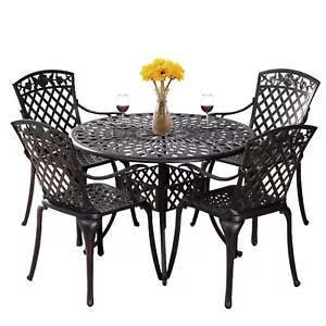 5 Piece Cast Aluminum Outdoor Patio  Round Table and  4 Chairs  for 4-6 Person - Picture 1 of 11