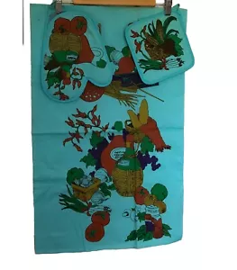 Vintage Tea Towel Pot Holder Oven Mitt Set 60s 70s New Old Stock Cotton Retro - Foto 1 di 15