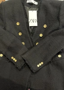 ZARA FANTASY DOUBLE BREASTED TEXTURED JACKET BLAZER COLLARLESS GOLD BUTTON XL - Picture 1 of 8