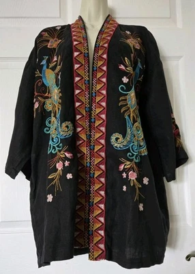 Impresionante kimono de lino Johnny Was Shula temático de pavo real talla M Foto 1 de 4