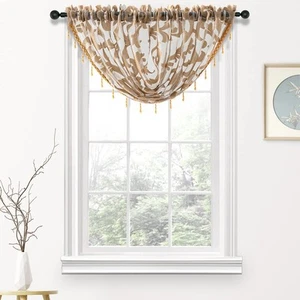 Swag Valance for Windows - Beige Organza Sheer Waterfall Curtain, Elegant Bea... - Picture 1 of 9