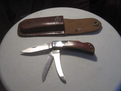 Pocket knife multi-use multi-tool 4 blades Folding knife w/ Leather Sheath - Image 1 of 4