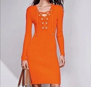 Michael Kors Stretch Lace Up Tie Ribbed Grommets Bodycon Sleeveless Dress XS - Picture 1 of 6