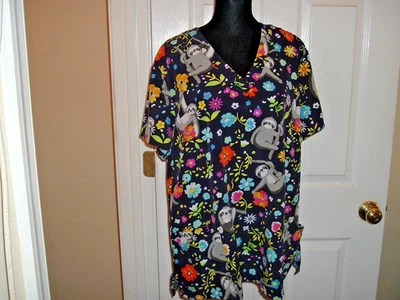 XL Sloths and Flowers Medical or Veterinary Scrub Short Sleeve, Pockets, - Image 1 of 4
