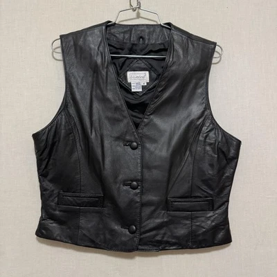 Chaleco de cuero Silverleaf para mujer mediano negro cuero genuino botones bolsillos delanteros Foto 1 de 4