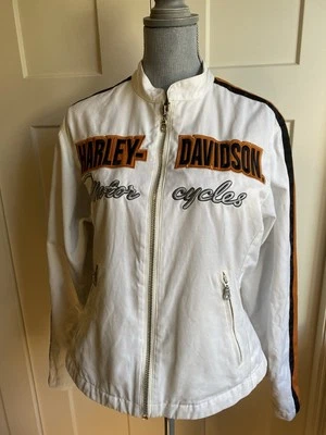 Chaqueta Harley Davidson Mujer Grande Blanca Negra Naranja Clásica Cremallera Tela R2 Foto 1 de 4