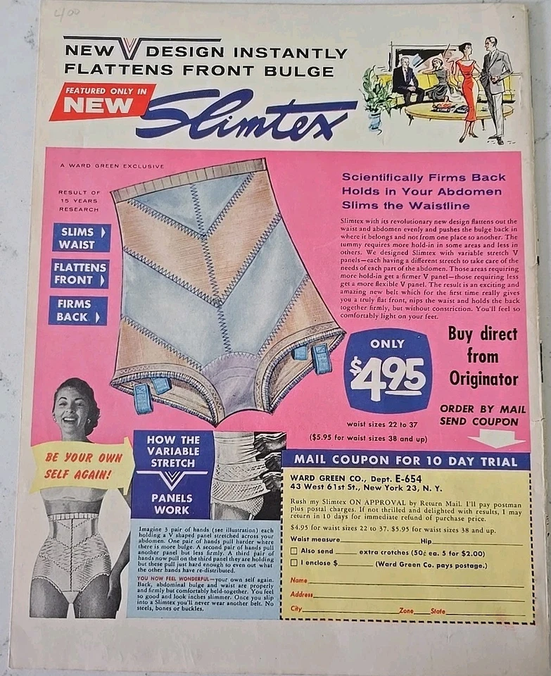 Faja Slimtex 1959 Ward verde para mujer aplana abultamiento delantero anuncio de color vintage  Foto 1 de 1