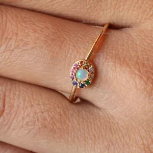 Rainbow Opal Ring Multi Sapphire Solid 18k Yellow Gold Handmade Jewelry New - Picture 1 of 7