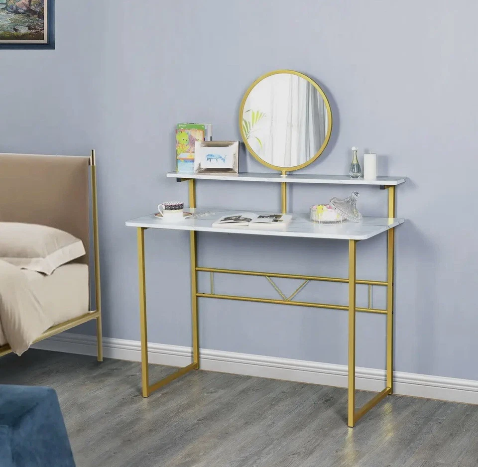Modern Vanity Makeup Desk with Mirror-Marble White and Gold - Image 1 of 4