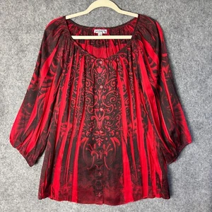 Fashion Bug Top Women's 2X Red Black Print Satin 3/4 Sleeve Blouse Whimsigoth - Picture 1 of 10