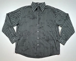 Eighty Eight Mens Button Shirt Large Black White Striped Raised Velvet Foliage - Picture 1 of 5