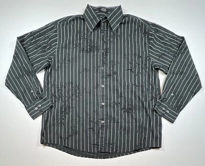 Eighty Eight Mens Button Shirt Large Black White Striped Raised Velvet Foliage - Image 1 of 4