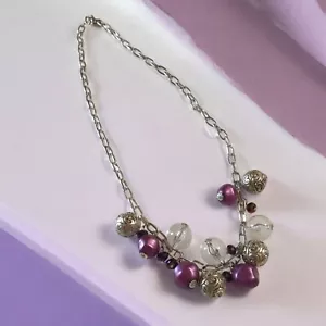 Silber Kette Trachten Halskette lila klar Perlen Deko Metallkugeln Geschenk - Bild 1 von 8