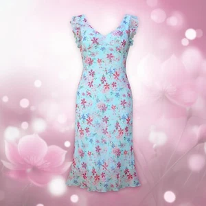 Sz 7 Vintage 90s Y2K Floral Crinkle Chiffon Blue Tropical Print Dress Fairycore - Picture 1 of 19