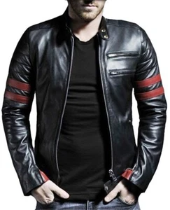 Chaqueta de Cuero Negro Genuino para Hombres Motociclista Motocicleta Corredor Calce Ajustado - Imagen 1 de 6