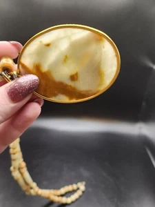24" Carved Genuine Onyx Agate Beaded Necklace With Large Agate Cabochon Vintage - Picture 1 of 6