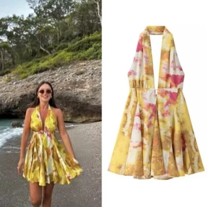 Yellow Halter Neck Sling Dress, Tie Dye Mini Summer Beach Dress -Size L UK 12/14 - Picture 1 of 4