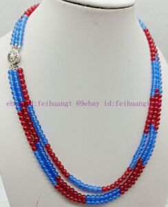 3 Row Delicate 4mm Sapphire & Red Ruby Round Gemstone Bead Necklace 17-19"