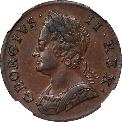 ENGLAND GEORGE II 1754 HALF PENNY COIN ALMOST UNCIRCULATED CERTIFIED NGC AU58-BN - Image 1 of 4