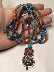 Vintage Tibetan Sterling Silver Turquoise Coral Lapis Hand Made Bead Necklace - Picture 1 of 11