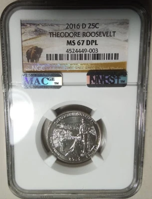 :2016-D 25C THEODORE ROOSEVELT NORTH DAKOTA ATB NGC MS67DPL MAC RARE R8 TOP POP - Image 1 of 3