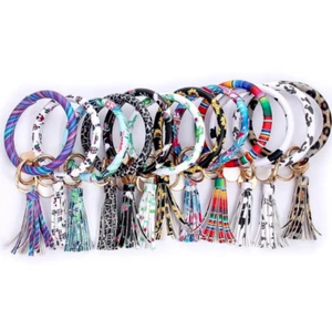 Oversized Round Shaped Tassel Wristlet Keychain Womens Leather Bracelet Key Ring - Picture 1 of 11