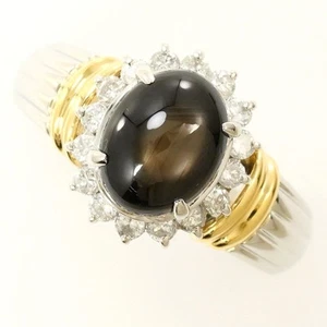 Platinum 900 18K Yellow gold ring BlackStarsapphire Diamond Free shipping Used - Picture 1 of 9