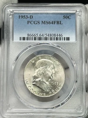 1953-D Franklin Half Dollar 50c 90% Silver Denver PCGS MS64FBL FULL BELL LINES - Image 1 of 3