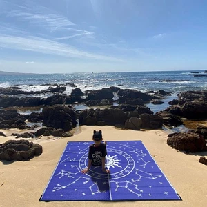 RECYCLED Plastic Outdoor Rug | CELESTIAL HARMONY Design, 1.8 x 1.8m, Blue & Grey - Picture 1 of 6